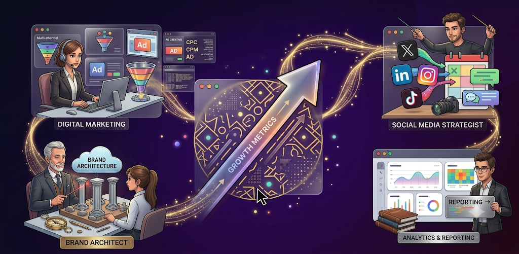 Meraki Nova growth disciplines โ digital marketing, social strategy, brand architecture, analytics